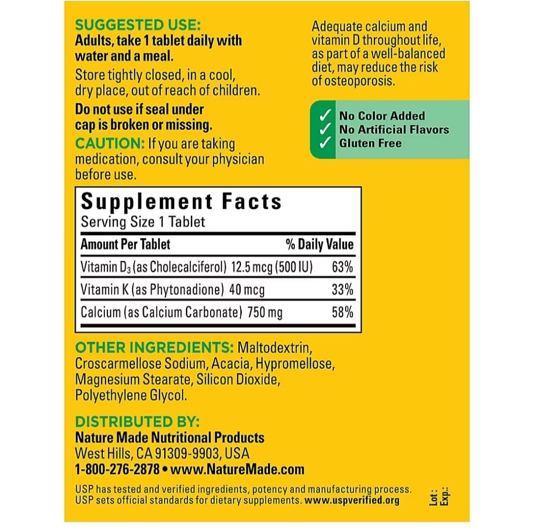 Nature Made Calcium 750 mg with enhanced absorption focus image.