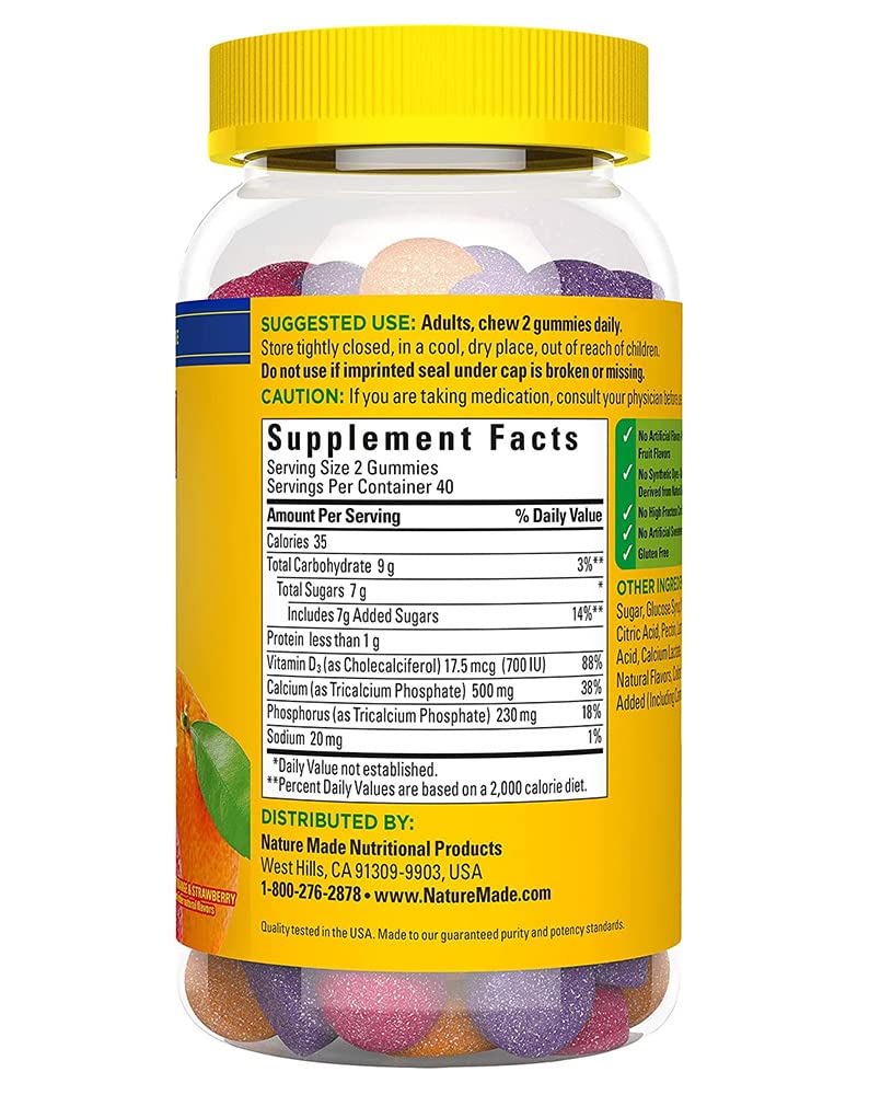 Nature Made Calcium Adult Gummies bottle label highlights calcium content and serving size.