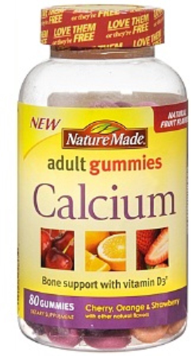 Nature Made Calcium Adult Gummies in cherry, orange, and strawberry flavors, two-pack for daily calcium supplement