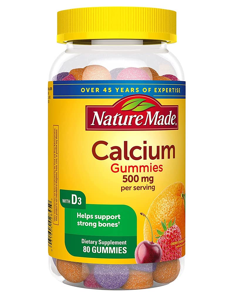 Nature Made Calcium Adult Gummies close-up shows chewy texture for convenient daily use.