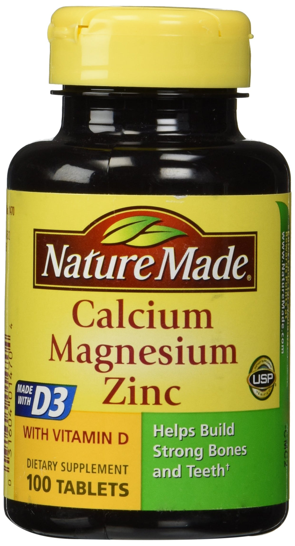 Nature Made Calcium Magnesium and Zinc Tabs bottle front emphasizes bone support for daily wellness