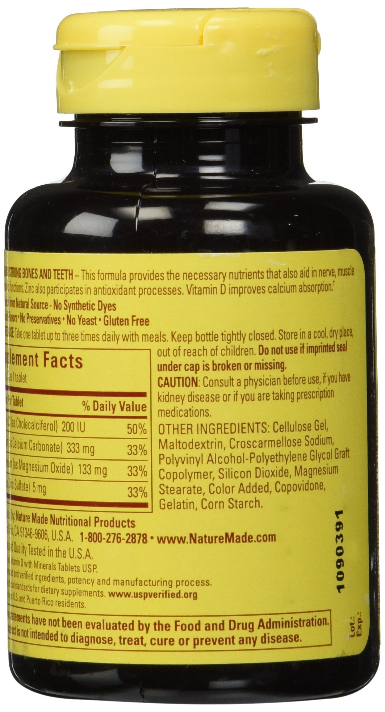 Nature Made Calcium Magnesium and Zinc Tabs bottle side highlights daily mineral supplementation