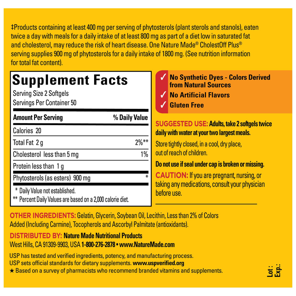 Nature Made CholestOff Plus daily dosage scene with two softgels.