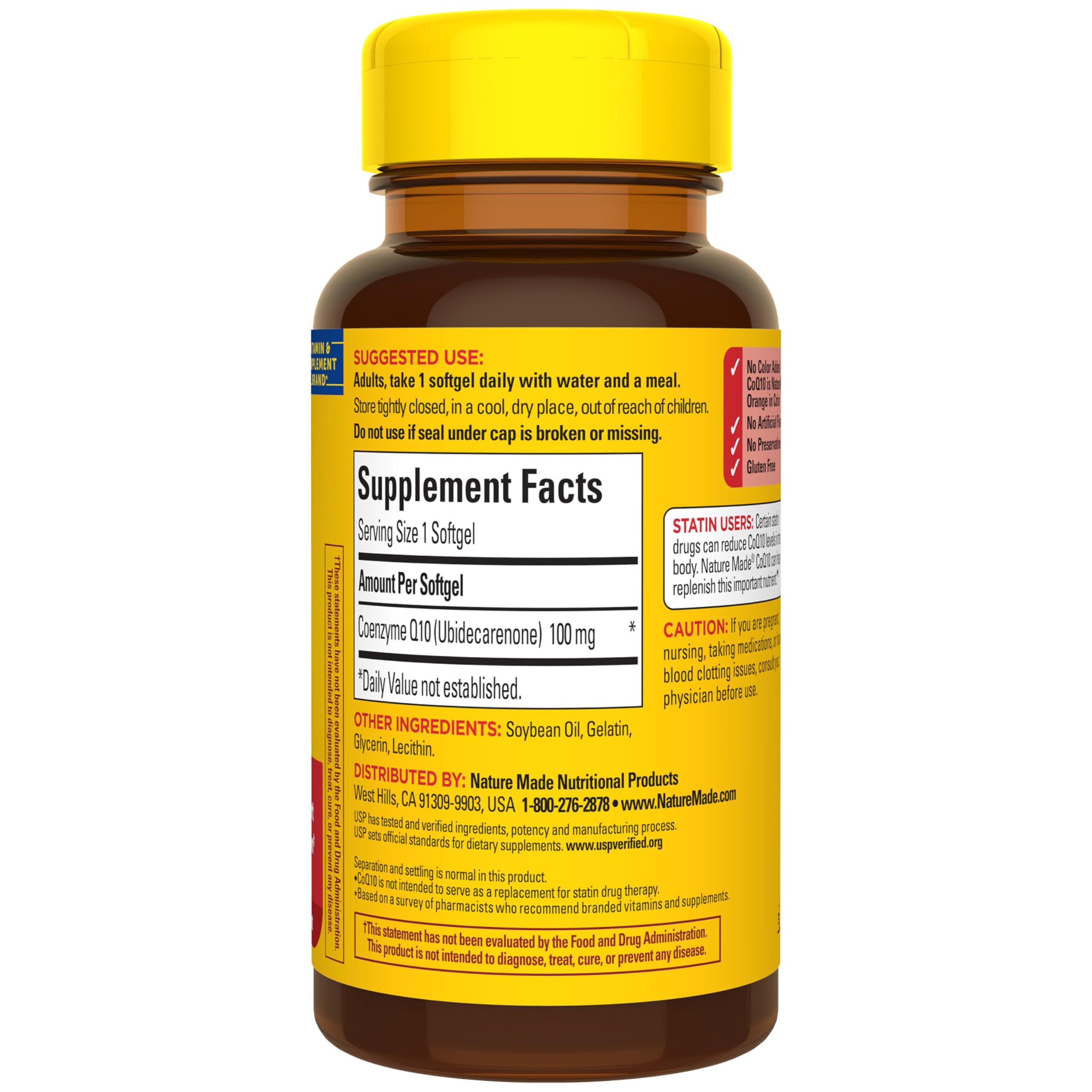 Nature Made CoQ10 100 mg, sin gluten ni aditivos artificiales