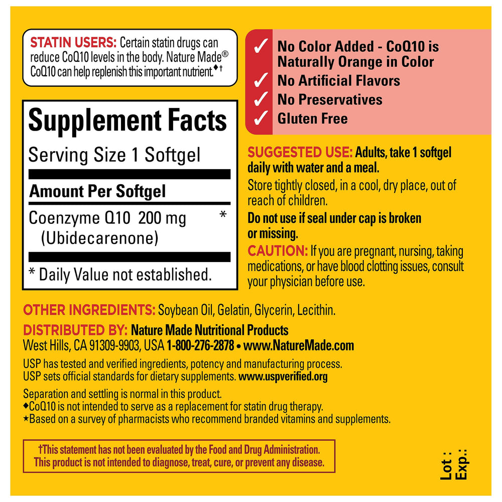 Gluten-free label on Nature Made CoQ10 200 mg softgels packaging.