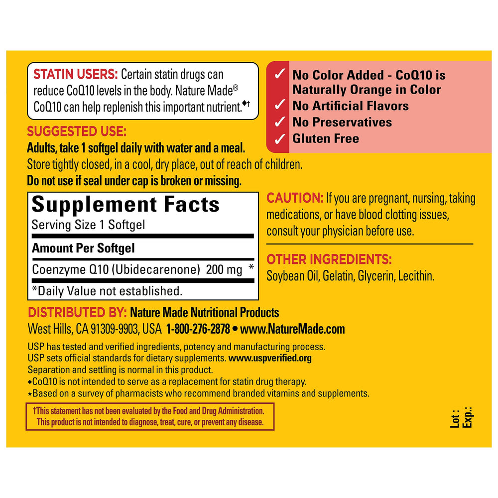 Nature Made CoQ10 200 mg softgels packaging display on shelf.