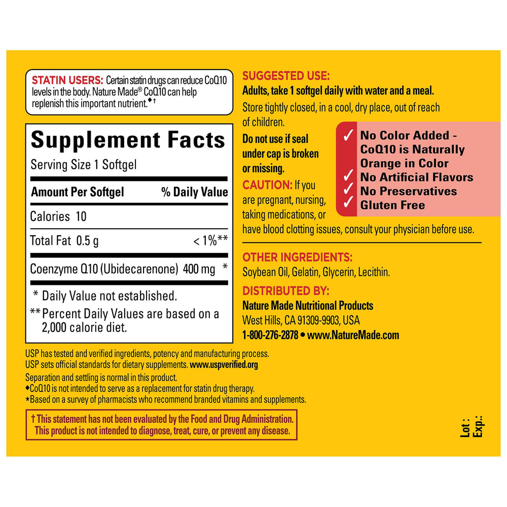 Softgels in a glass of water, Nature Made CoQ10 400 mg for metabolism support.