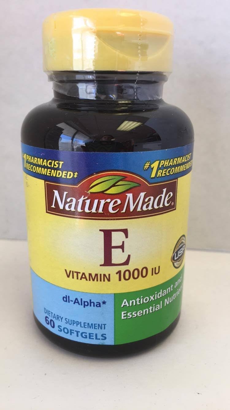 Nature Made dl-Alpha Vitamin E 1000 IU softgels bottle supports cellular antioxidant protection.