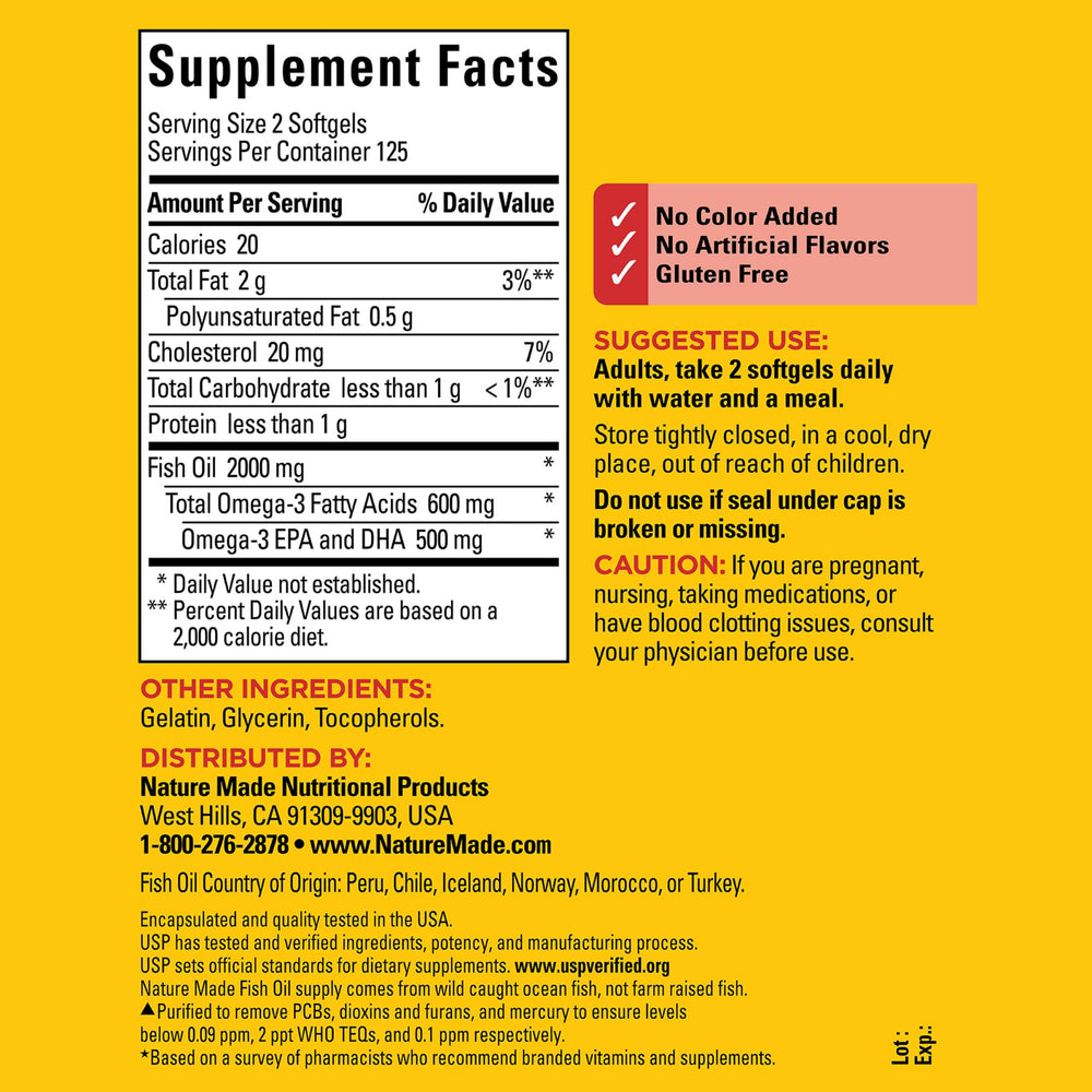 Nature Made Fish Oil 1000 mg bottle side view with label details