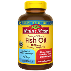 Nature Made Fish Oil 1200 mg softgel bottle on a shelf for daily omega-3 intake