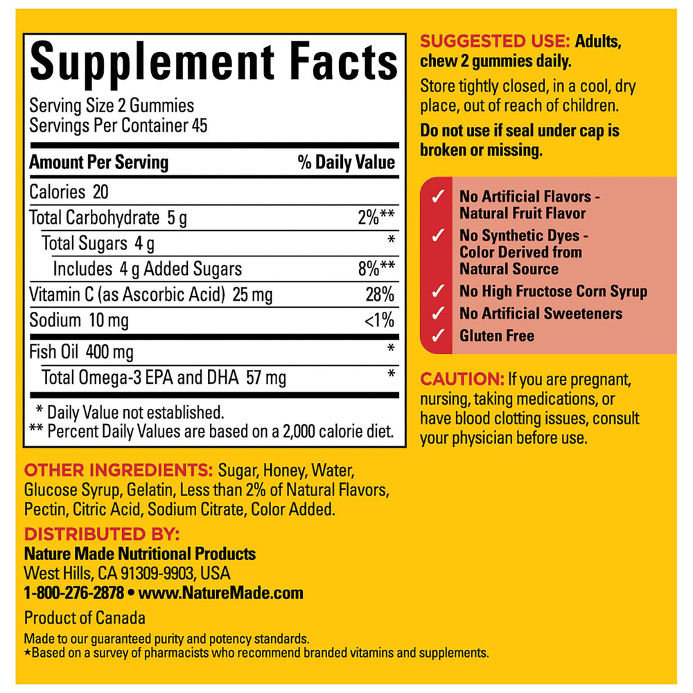 Nature Made Fish Oil Gummies natural fruit flavors collection features orange lemon and strawberry banana.