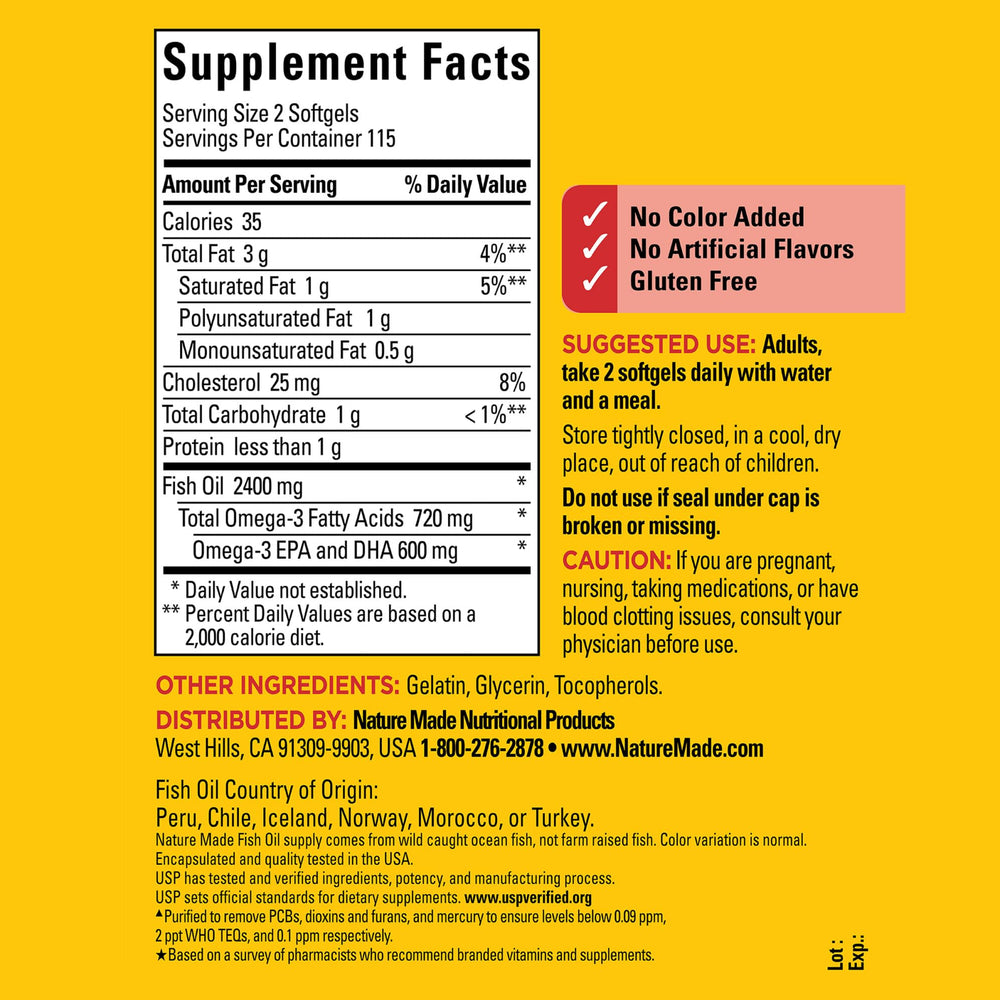 Nature Made fish oil softgels being poured for easy daily omega-3 supplementation