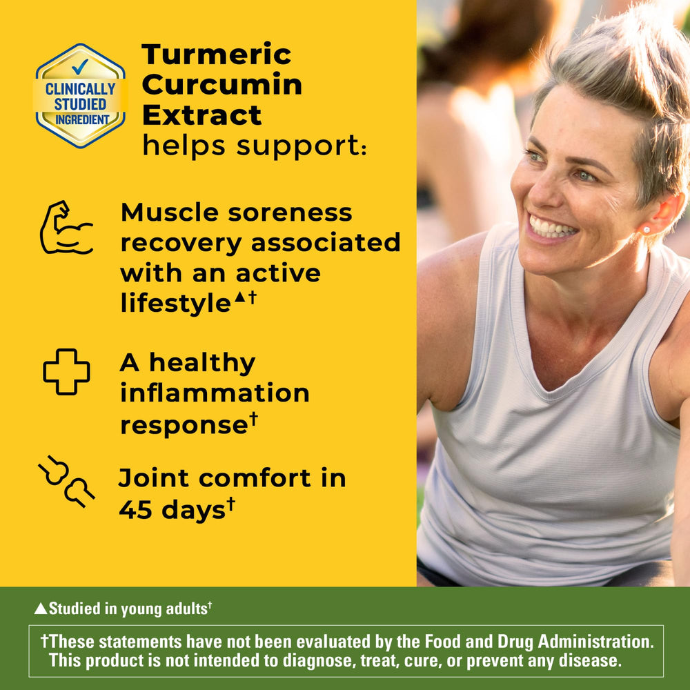 Close-up of Nature Made Turmeric capsules highlighting high absorption benefits.