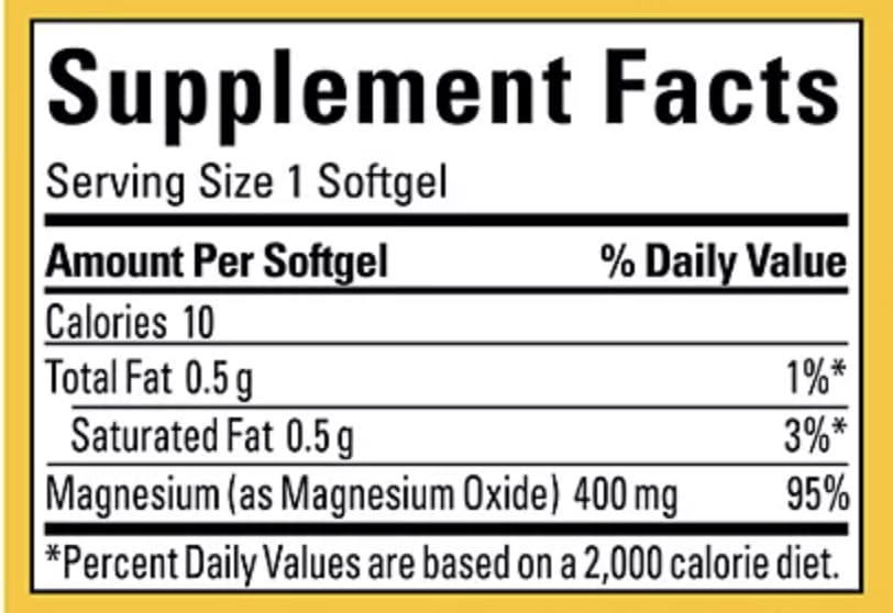 Nature Made High Potency Magnesium bottle label detail highlights 400 mg per softgel.