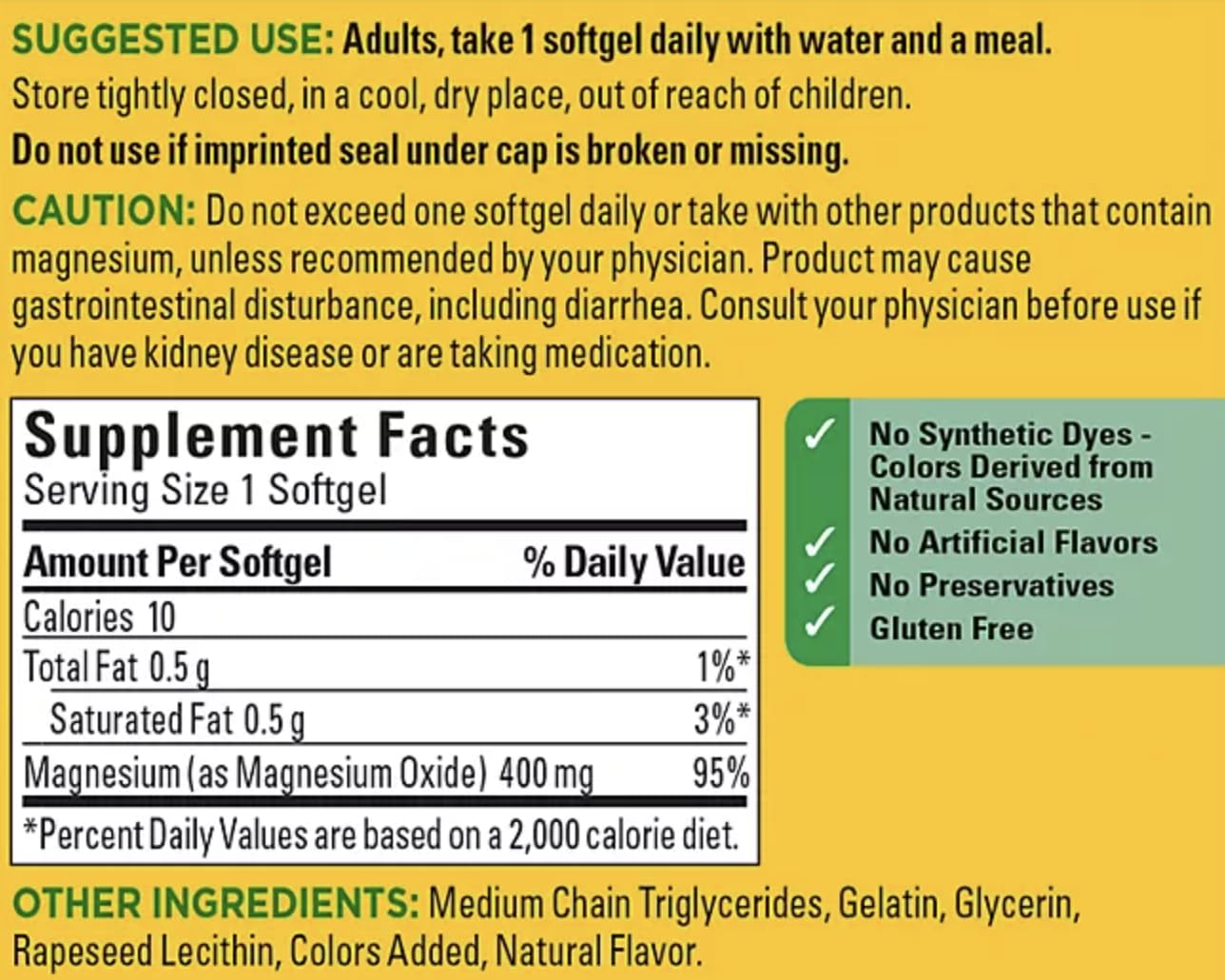 Nature Made High Potency Magnesium softgels close-up show easy-to-swallow capsules.
