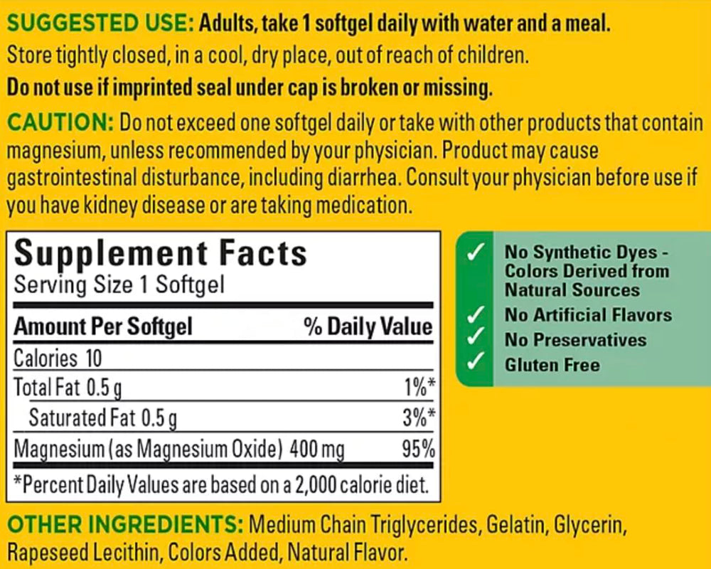 Nature Made High Potency Magnesium softgels close-up show easy-to-swallow capsules.
