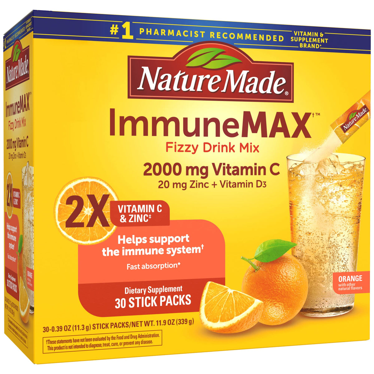 Nature Made ImmuneMAX fizzing drink dissolving in water for immune support.