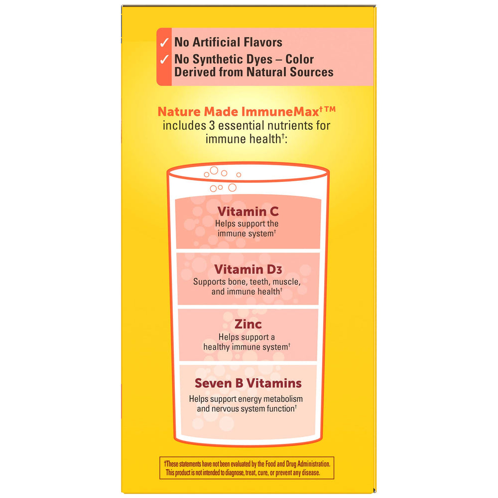 Nature Made ImmuneMAX includes Vitamin C, Zinc, and Vitamin D for daily wellness.