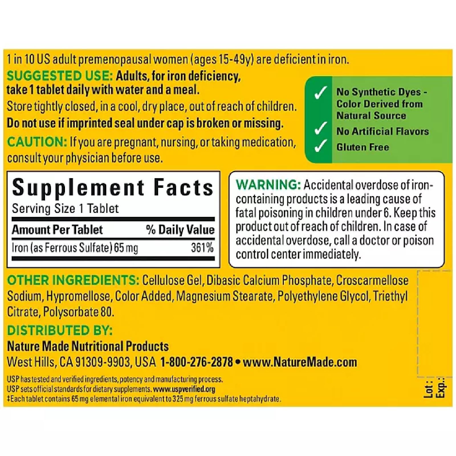 Nature Made Iron 65 mg packaging label shows gluten-free formula and no artificial flavors.