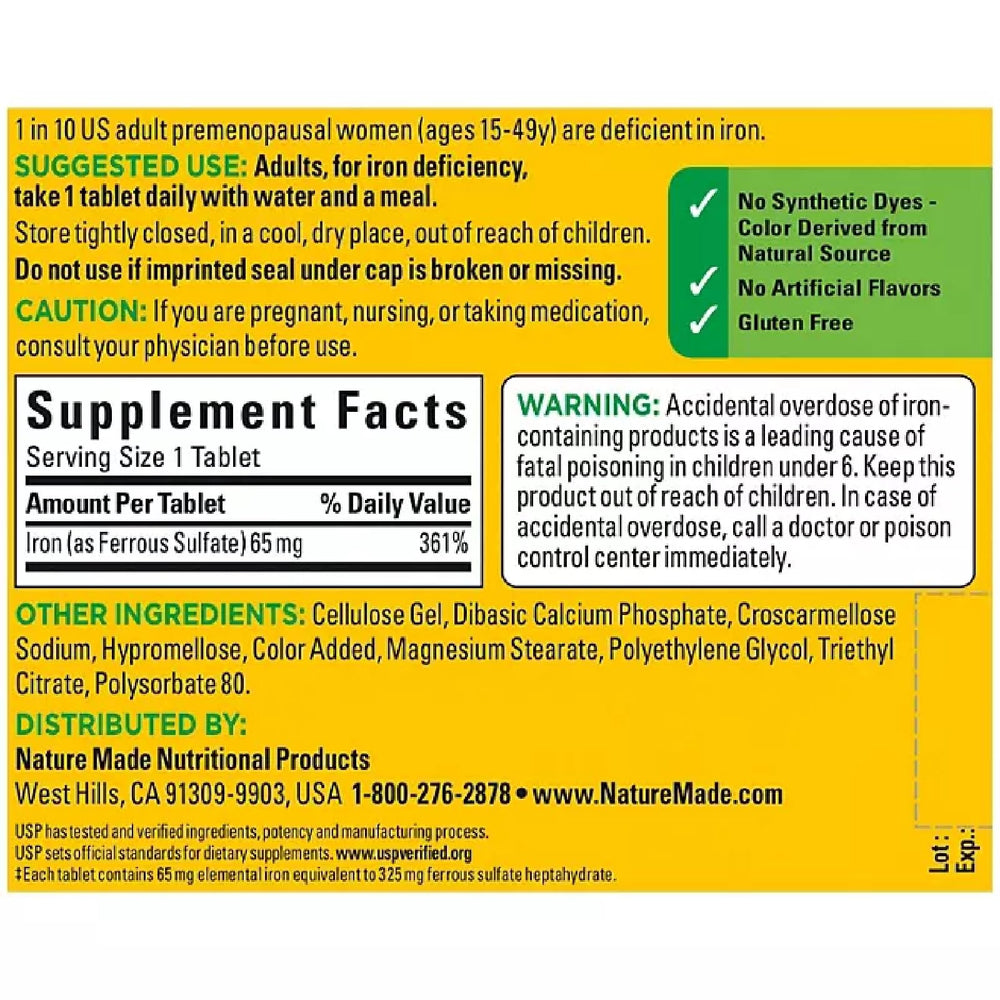 Nature Made Iron 65 mg packaging label shows gluten-free formula and no artificial flavors.