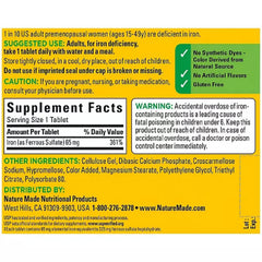Nature Made Iron 65 mg packaging label shows gluten-free formula and no artificial flavors.