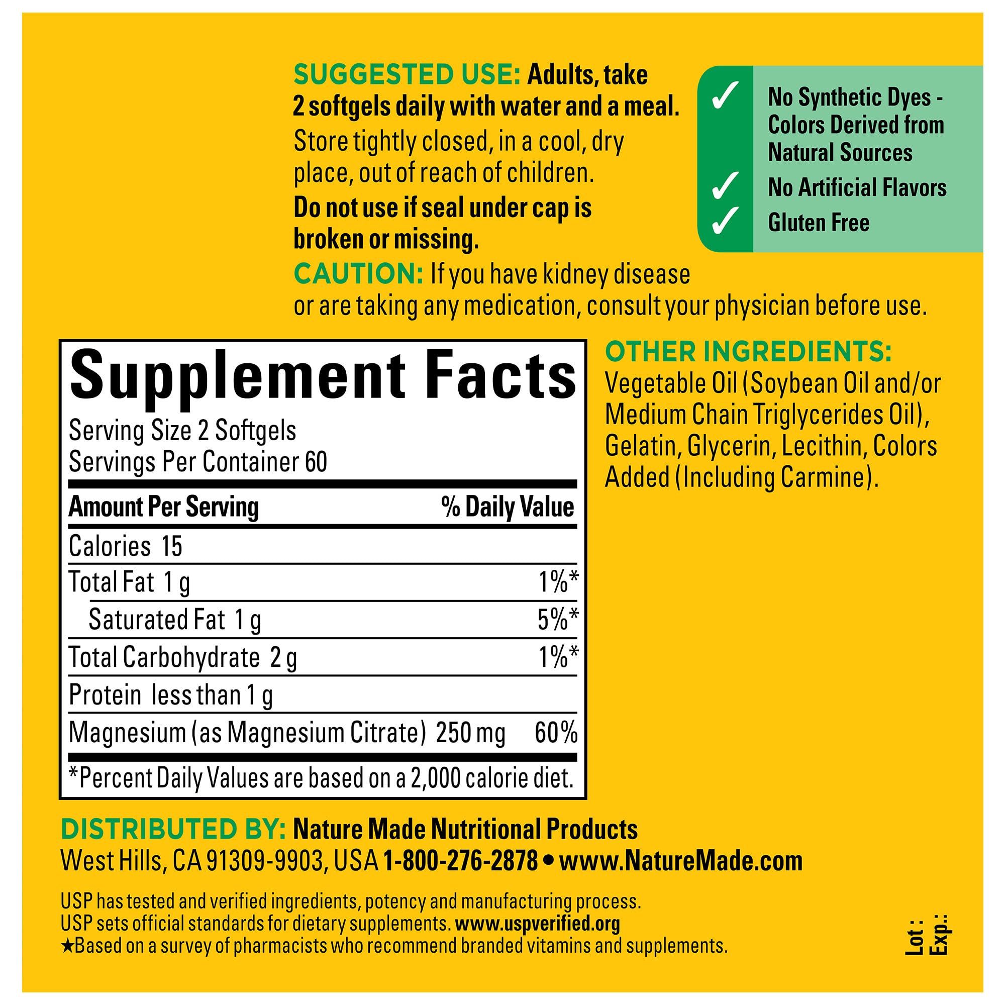 Nutrition facts panel for Nature Made Magnesium Citrate highlighting gluten-free claim
