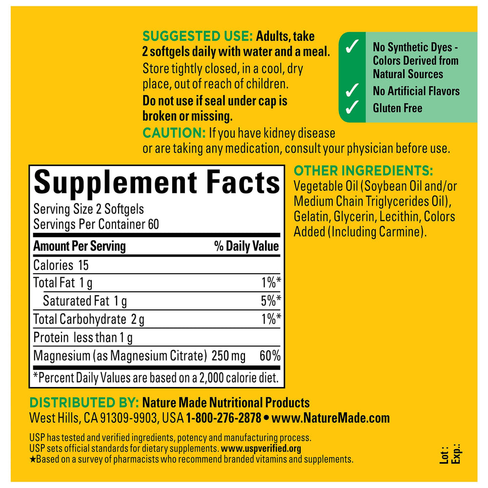 Nutrition facts panel for Nature Made Magnesium Citrate highlighting gluten-free claim