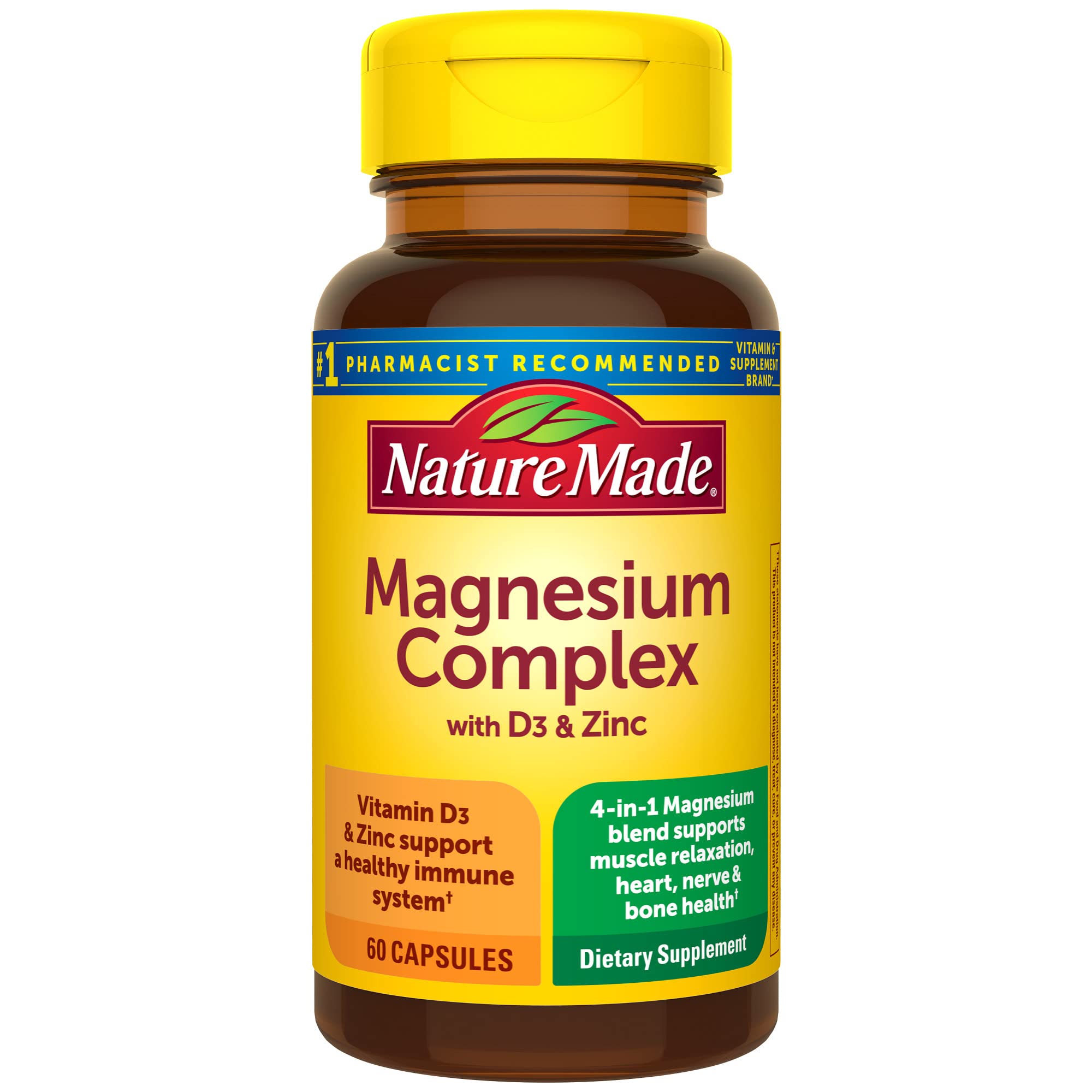 Nature Made Magnesium Complex with D3 and Zinc capsules on bottle label for daily support