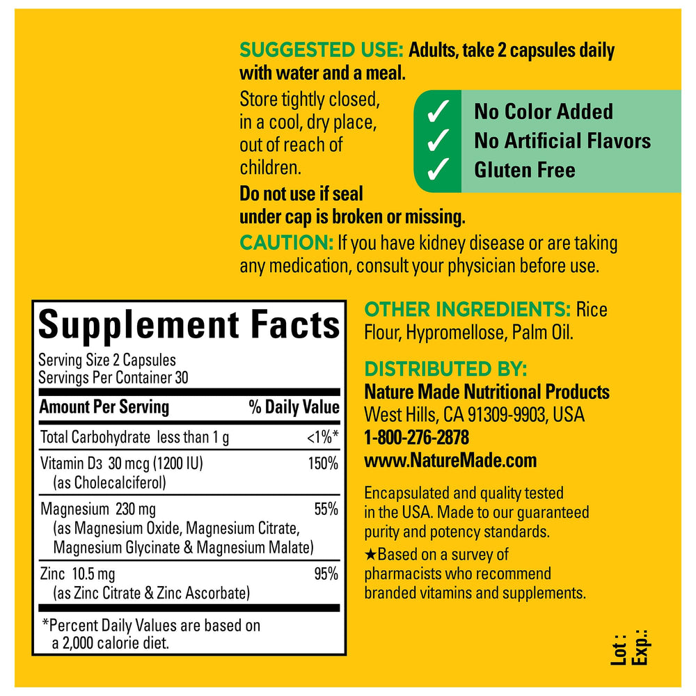 Nature Made magnesium complex with D3 and zinc ingredients on packaging back