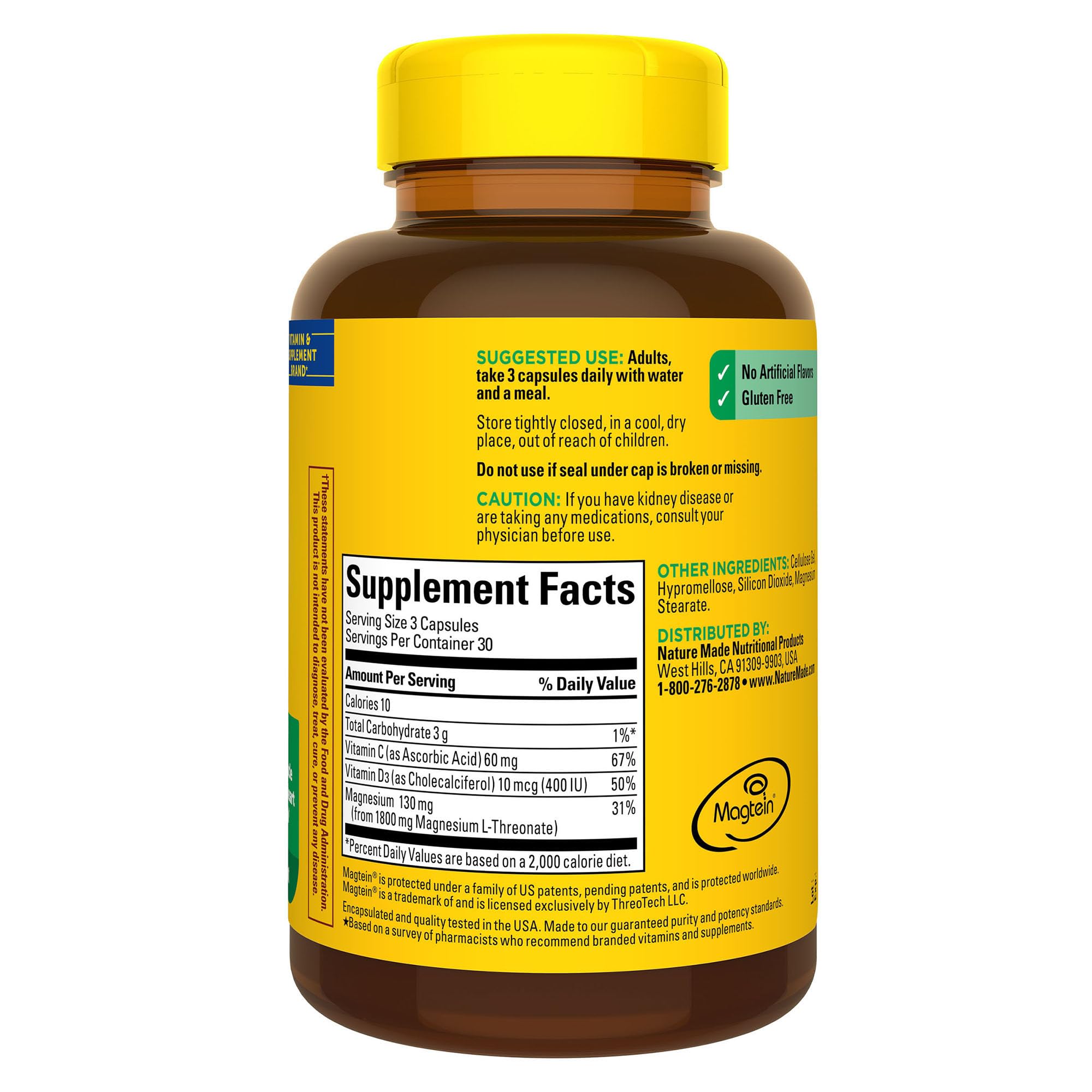 Packaging close-up of Nature Made Magnesium L-Threonate emphasizing quality.