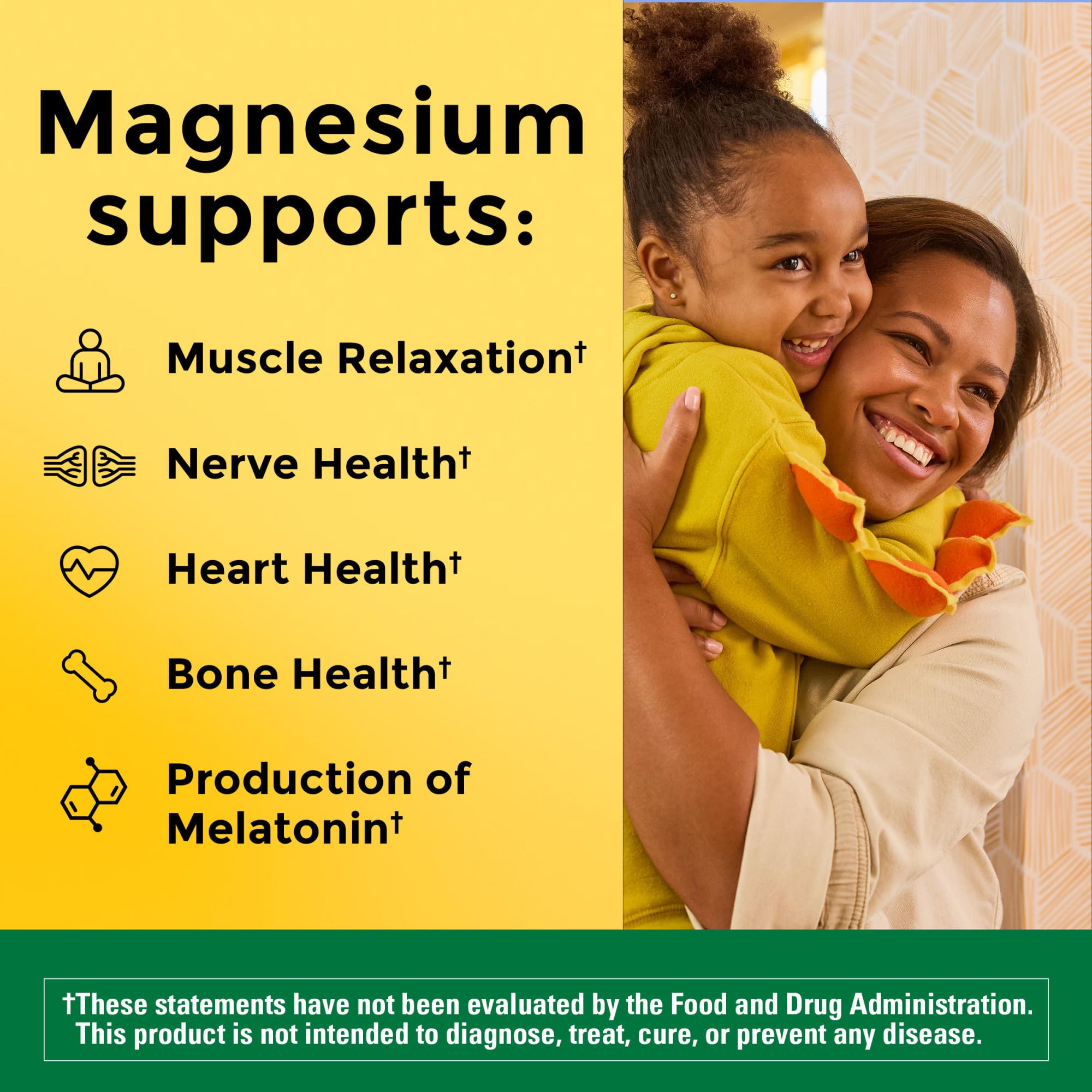 Close-up of Nature Made label showing gluten-free magnesium supplement for heart health.