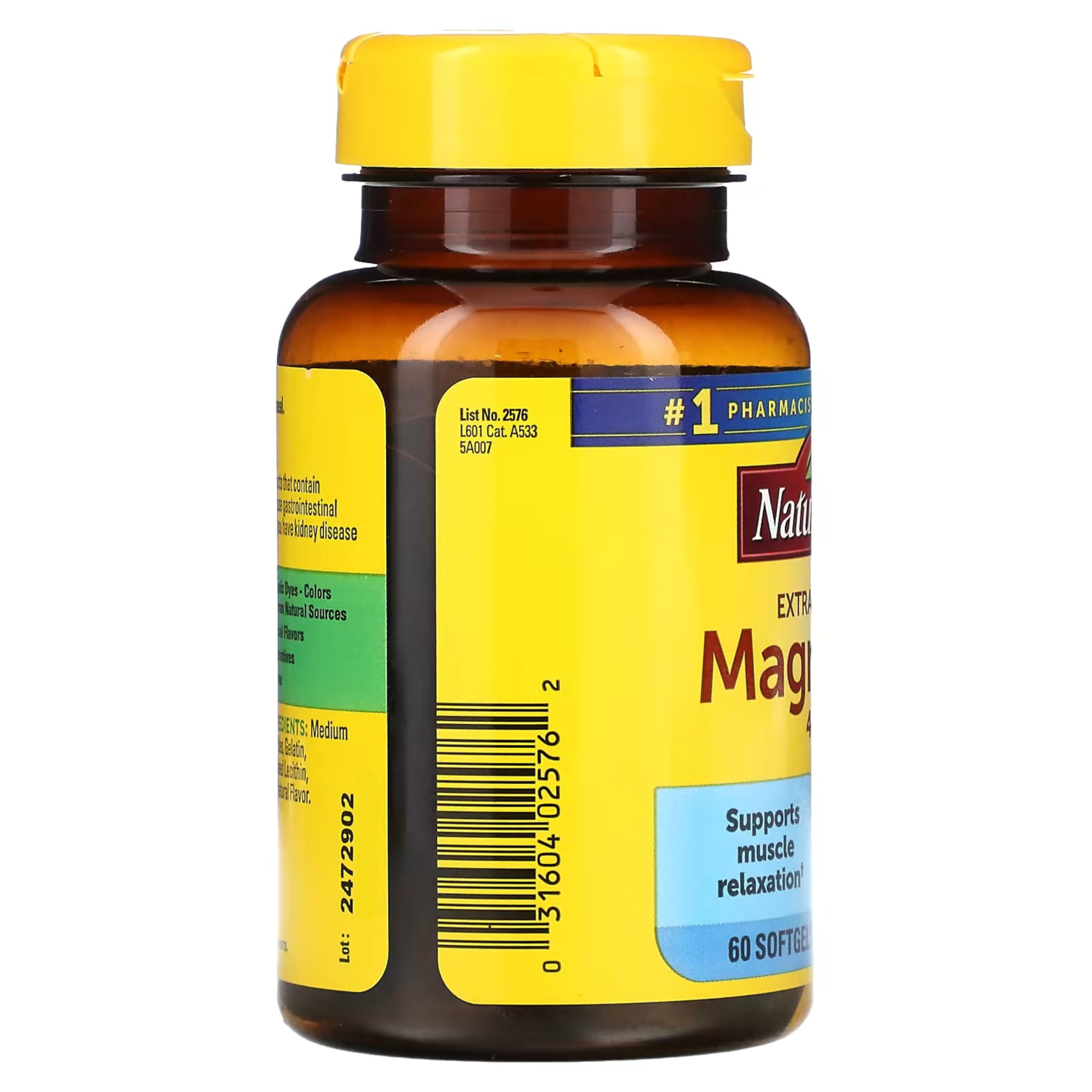 Nature Made magnesium oxide softgels in hand ready to take.