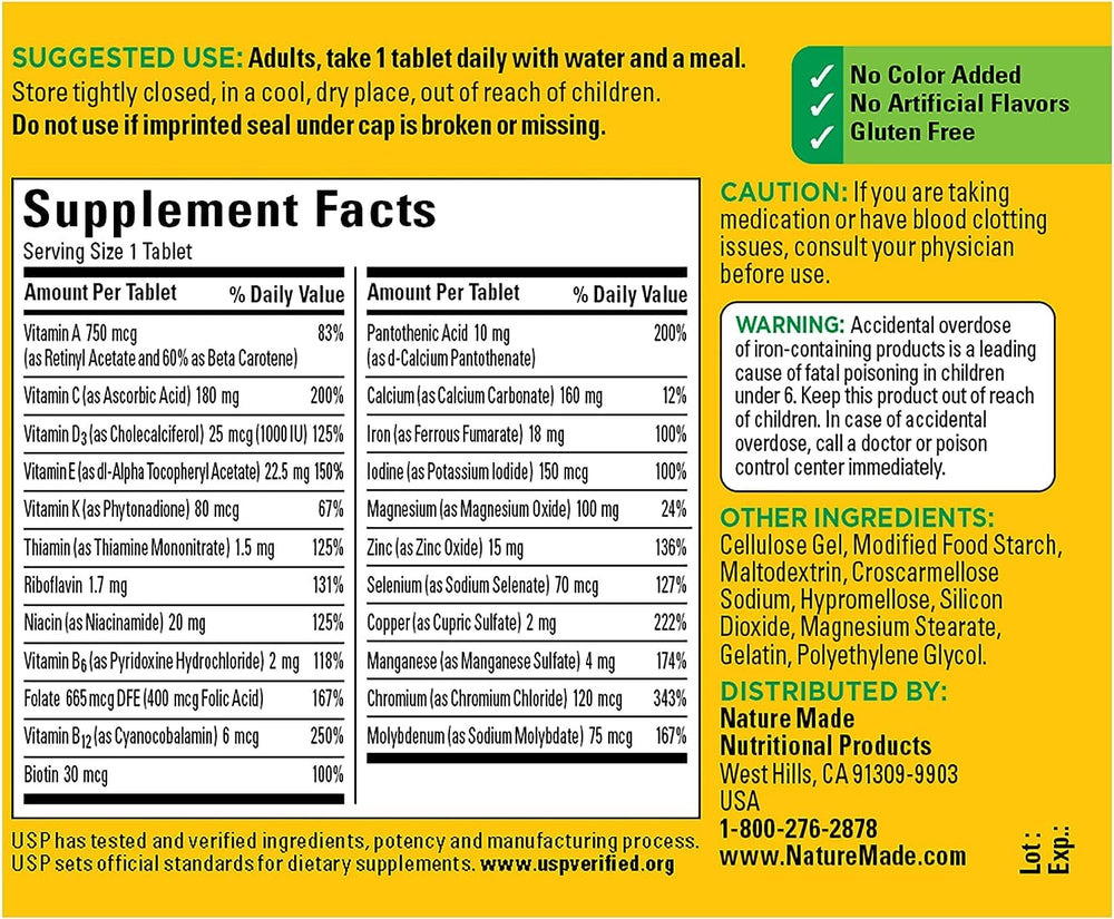 Nature Made Multi Complete bottle close-up, highlighting easy-to-swallow daily tablet