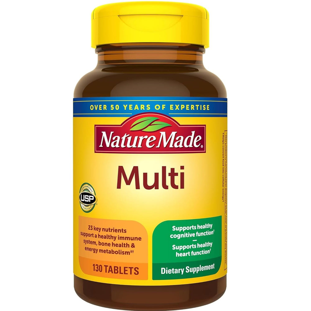 Nature Made Multi Complete bottle label shows 23 nutrients for daily support.