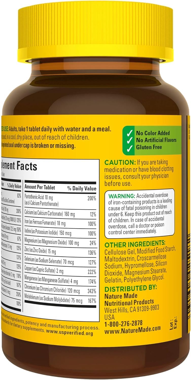 Nature Made Multi Complete ingredient list graphic showing essential vitamins and minerals