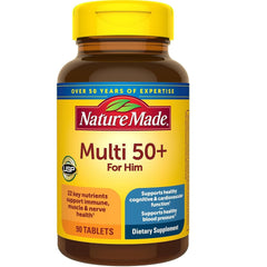 Nature Made Multi for Him 50+ bottle front view; no iron formula for daily wellness.