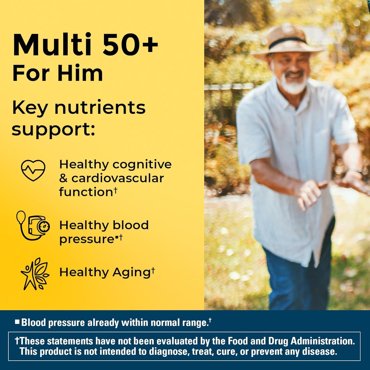 Nature Made Multi for Him 50+ bottles shown in a daily supplement routine setup.