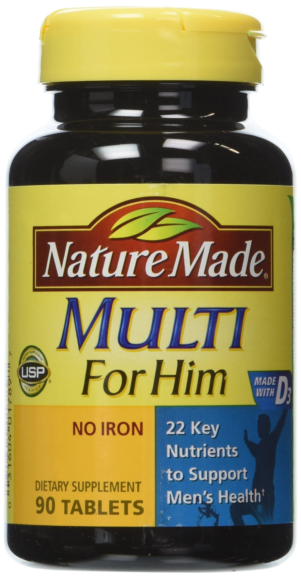 Nature Made Multi for Him bottle front shows a three-bottle set for daily use.
