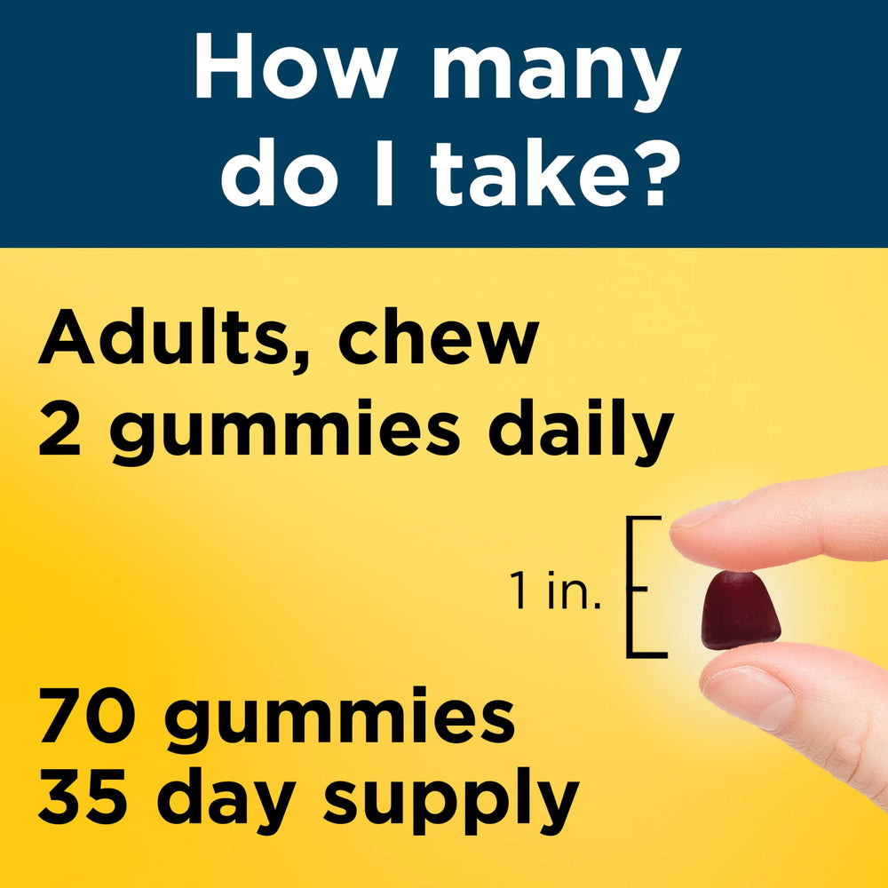 Nature Made Multi for Him Gummies visuals of mixed berry and cherry flavors.