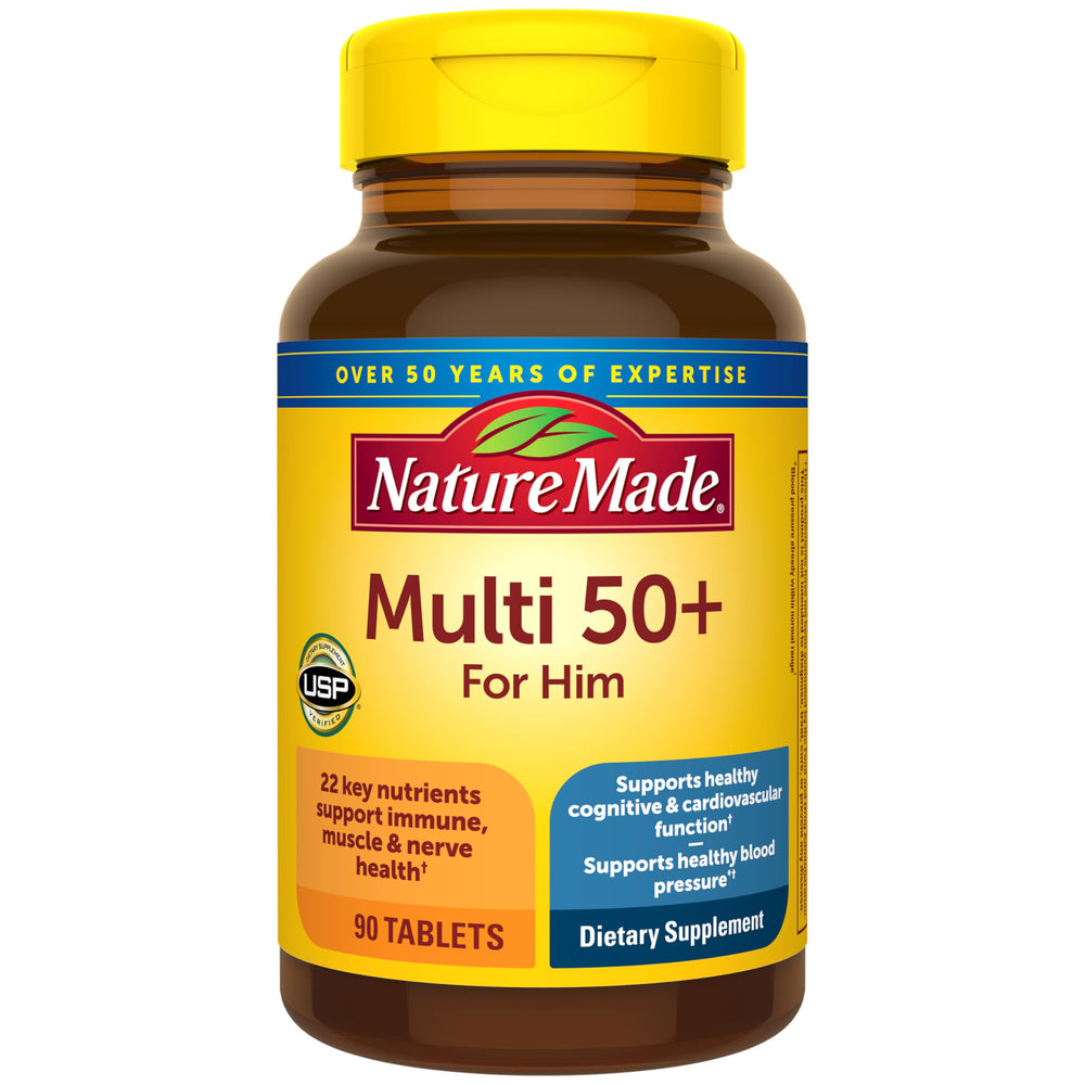 Nature Made Multivitamin For Him 50+ bottle for daily nutritional support after meals.