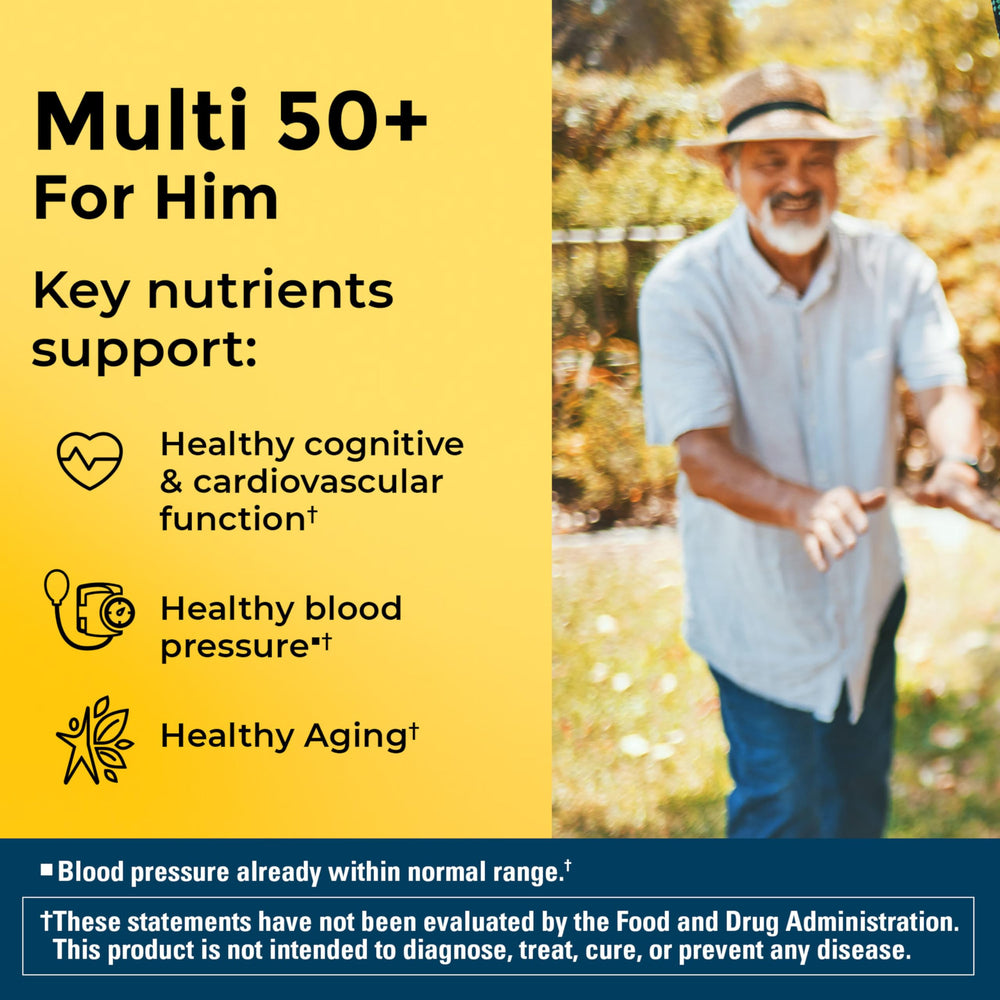 Nature Made Multivitamin For Him 50+ label highlights 22 essential nutrients for men.