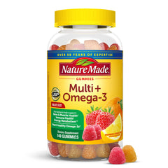 Nature Made multivitamin + omega-3 bottle with gummies for daily immune and energy support.