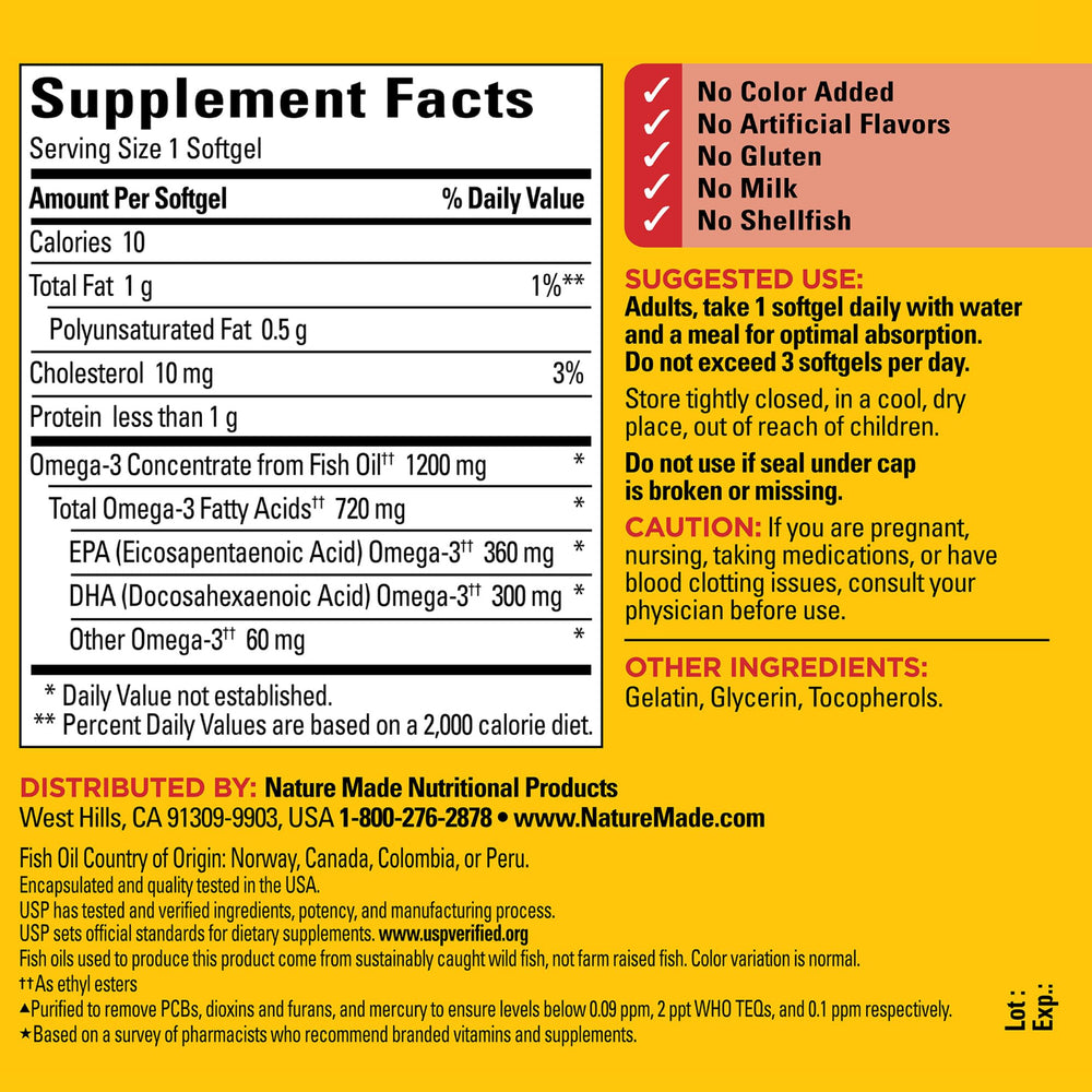 Close-up of Nature Made Omega-3 softgel showing EPA and DHA content for heart and brain support