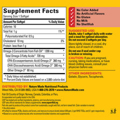Close-up of Nature Made Omega-3 softgel showing EPA and DHA content for heart and brain support