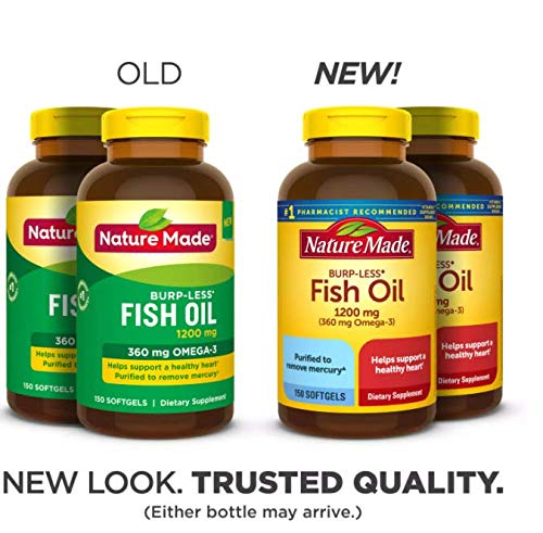 Nature Made omega-3 softgels close-up highlighting burp-free formula