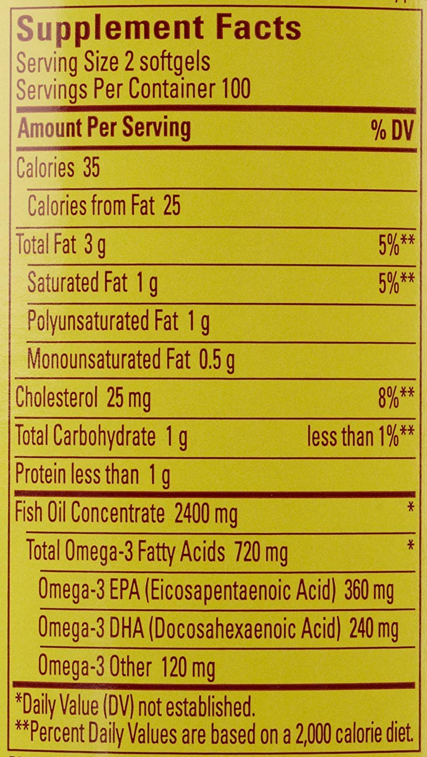Nature Made burp-less coating shown on softgels to reduce fish burps during use.