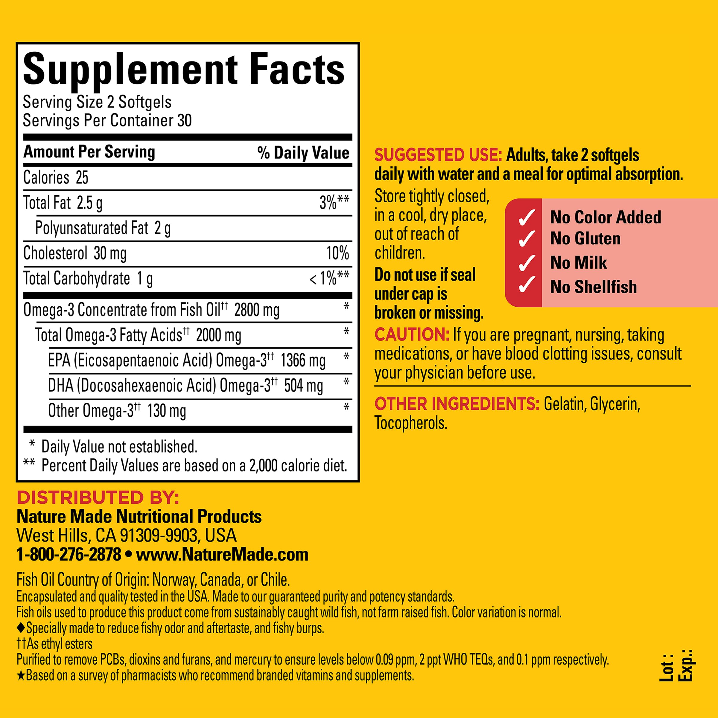 Nature Made Omega-3 softgels close-up, two daily for heart health.