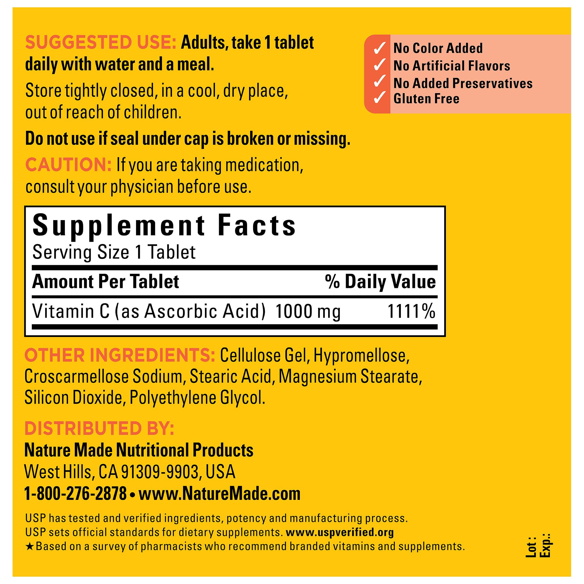 Nature Made packaging and ingredients list showing gluten-free and no artificial additives