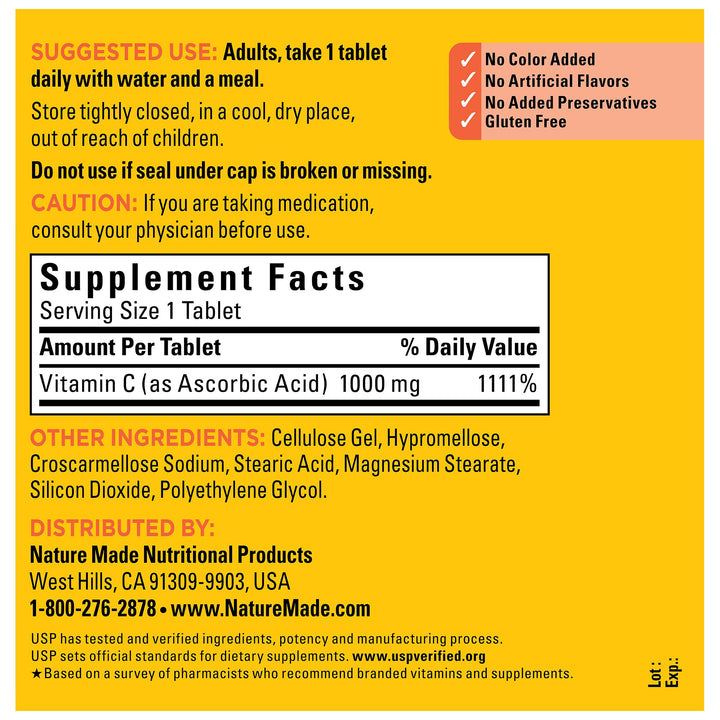 Nature Made packaging and ingredients list showing gluten-free and no artificial additives