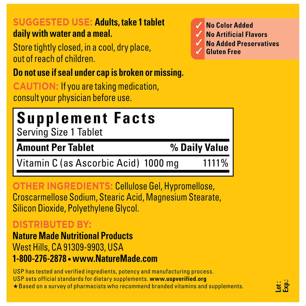 Nature Made packaging and ingredients list showing gluten-free and no artificial additives